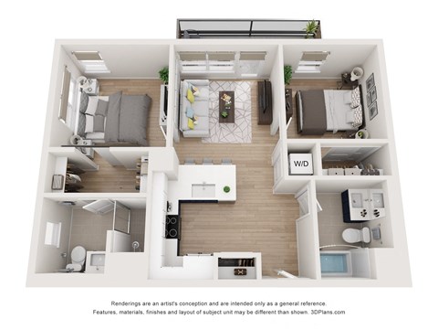 a stylized floor plan of a 1 bedroom apartment